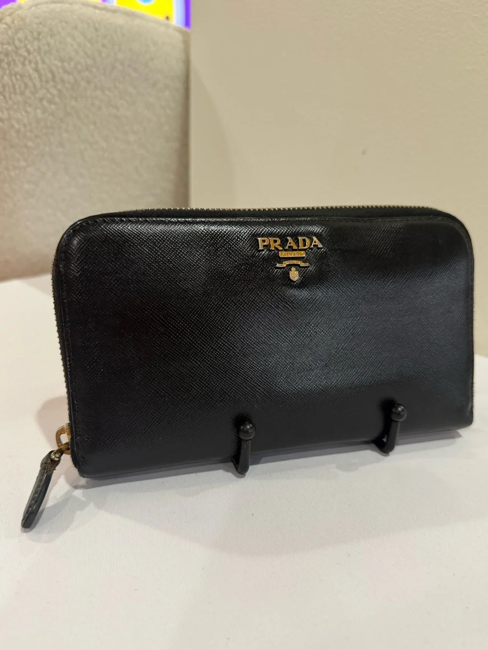Prada Black Saffiano Leather Zip Wallet with Gold Logo
